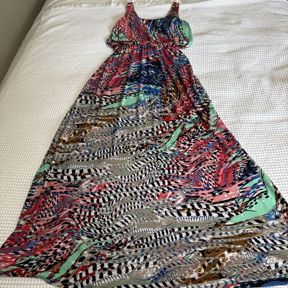 DREAM DANCE Boho Chic Colorful Line Art Maxi Dress USA Stretch Size Medium EUC